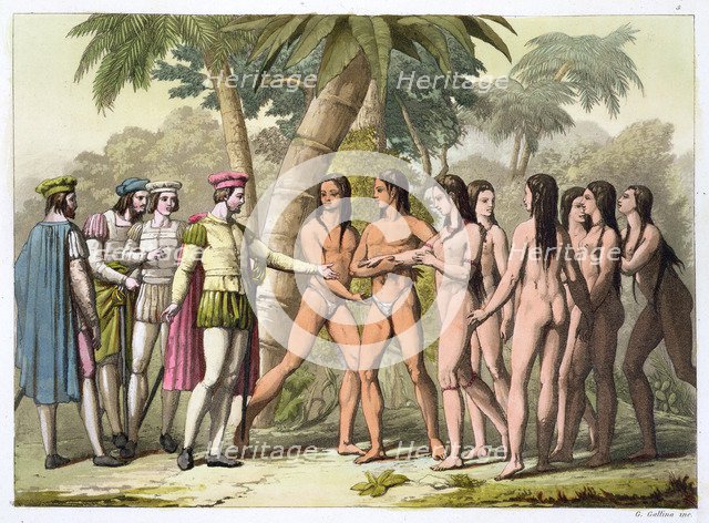 Christopher Coumbus with Hernando Cortes receiving a native American girl as a gift, (c1820-1839). Artist: Gallo Gallina