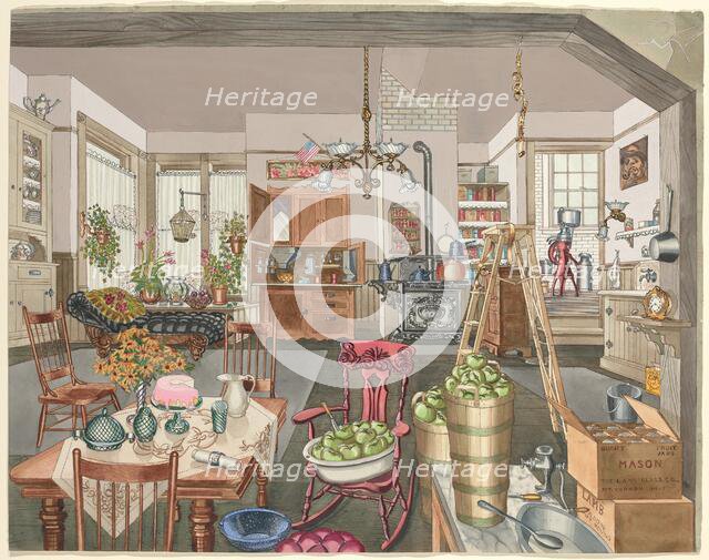 Semi-Rural Kitchen and Dining Room, 1910, 1935/1942. Creator: Perkins Harnly.