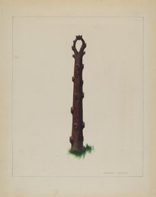 Tree Trunk Hitching Post, c. 1937. Creator: Richard Correll.