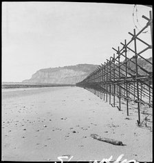View looking south along the beach at Shanklin, showing Admiralty scaffolding, Isle Of Wight, 1945. Creator: George R Long.