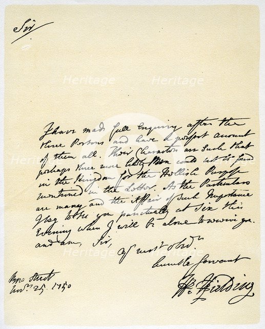 Letter from Henry Fielding to Hutton Perkins, 25th November 1750.Artist: Henry Fielding