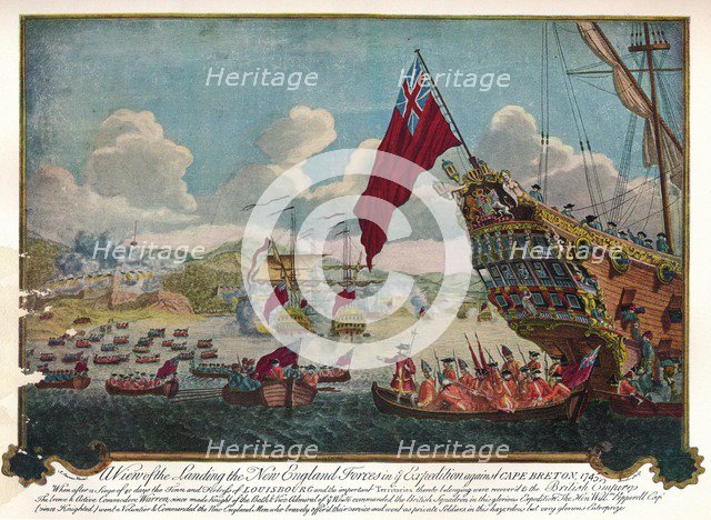 The landing of troops from New England on the island of Cape Breton to attack Louisbourg, 1747. Artist: James L. Brooks.