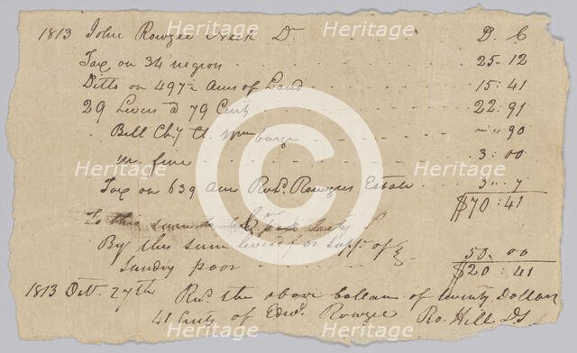 Record of taxable property, including enslaved persons, owned by John Rouzee, October 27, 1813. Creator: Unknown.