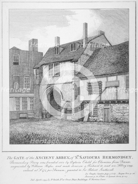 The gate to the Abbey of St Saviour, Bermondsey, Southwark, London, 1794. Artist: Anon