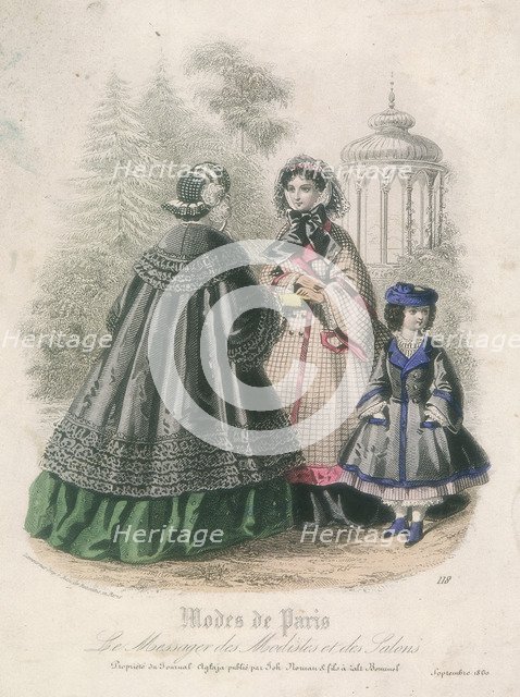 Two women and a child wearing the latest fashions in a garden setting, 1860. Artist: Anon