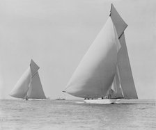 The sailing yachts 'White Heather' and 'Shamrock', race downwind. Creator: Kirk & Sons of Cowes.