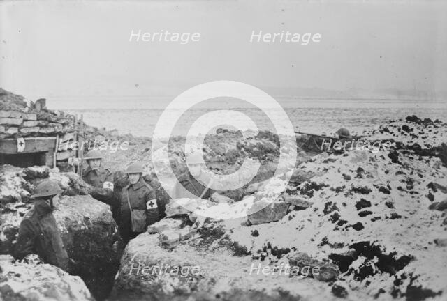 First Aid Station, American Trenches, 1917 and 1918. Creator: Bain News Service.