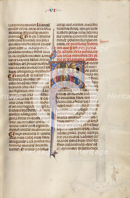 Initial S: A Mother Speaking to her Children and a Father...Vidal Mayor, about 1290-1310. Creator: Unknown.