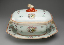 Covered Tureen and Stand with the Arms of French Impaling Sutton, China, c. 1765. Creator: Jingdezhen Porcelain.