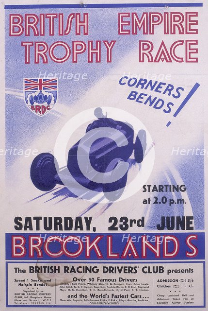 Poster advertising the British Empire Trophy Race, Brooklands, Surrey. Artist: Unknown
