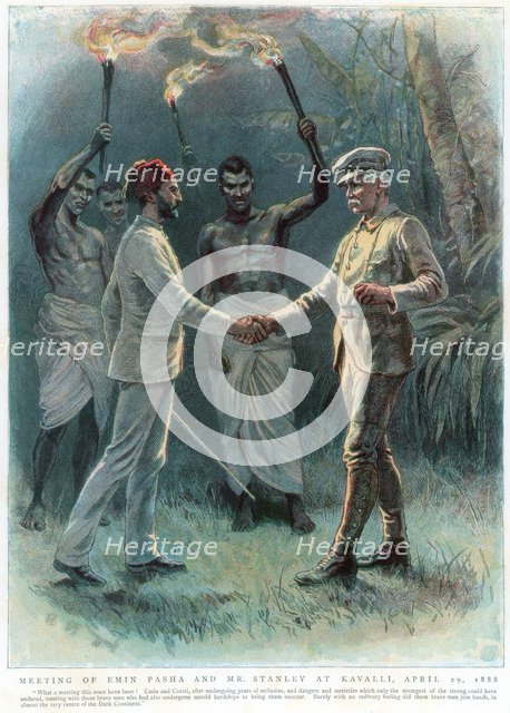Henry Morton Stanley, Welsh journalist and explorer, meeting Emin Pasha at Kavalli, 29 April 1888 Artist: Unknown