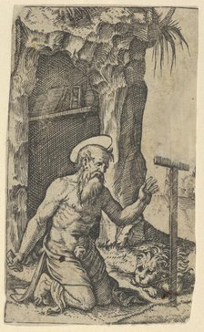 Saint Jerome kneeling before a crucifix, from the series 'Piccoli Santi' (Small S..., ca. 1500-1527. Creator: Marcantonio Raimondi.