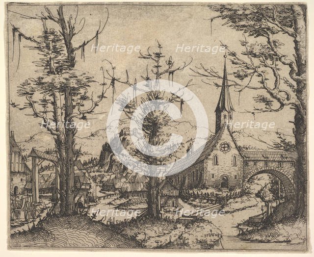 Landscape with Four Trees and a Church at Right, 1545 (?). Creator: Augustin Hirschvogel.