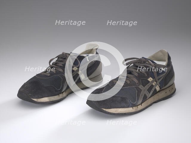 Pair of blue sneakers worn by Wellington Webb while campaigning, 1991. Creator: ASICS.