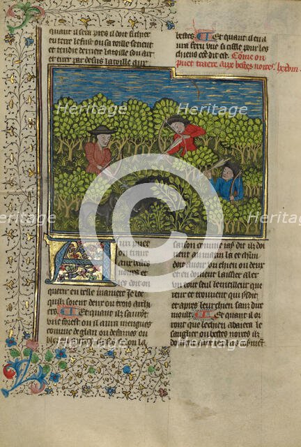 Archers Shooting at a Wild Boar; Livre de la Chasse, about 1430-1440. Creator: Unknown.