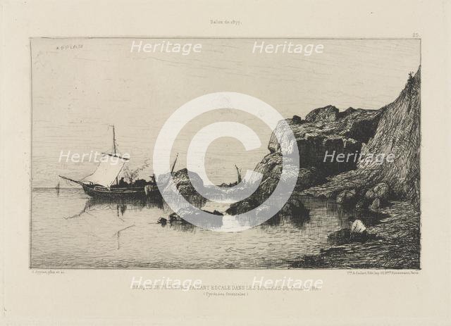 Fishing boat making a port of call at the rocks of Collioure, 1878. Creator: Adolphe Appian (French, 1818-1898); Alfred Cadart.