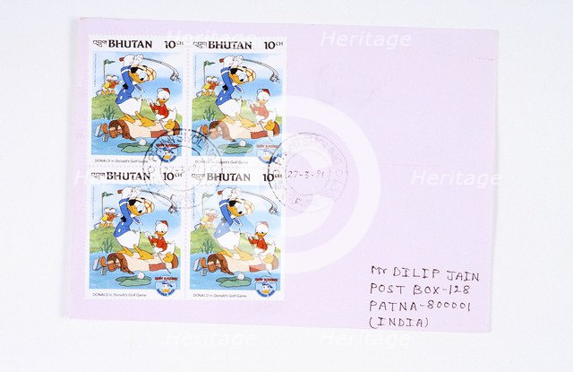 Donald Duck playing golf, postage stamps, Bhutan, 1984. Artist: Unknown