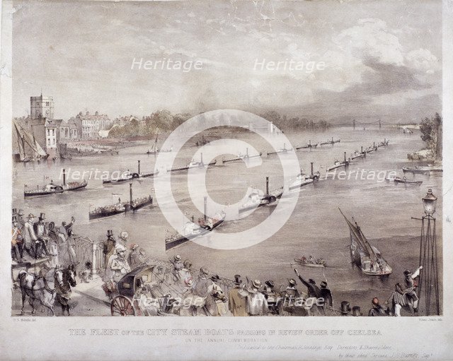 The fleet of the City steamboats passing in review order off Chelsea, London, c1860. Artist: Edwin Jewitt