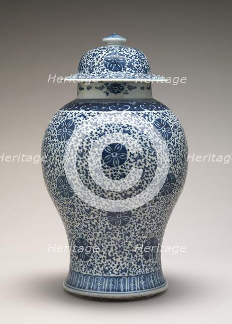 Blue and White Jar with Cover, 18th century. Creator: Unknown.