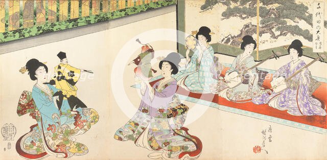 Ladies in Waiting of the Chiyoda Castle: Sword Practice and Puppet Kyogen, 1895., 1895. Creator: Chikanobu Yoshu.