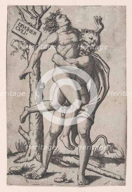 Hercules, grasping Antaeus at the waist with both arms and lifting him off his fe..., ca. 1500-1550. Creator: Marcantonio Raimondi.