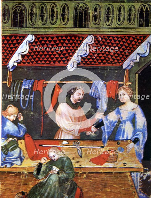 Tailoring. Miniature in 'Tacuinum sanitatis', illuminated manuscript of the late 14th century.