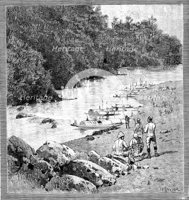 With the Lushai Expedition: encampment at Outan Chitra, on the Kurnafuli River, 1890. Creator: R. Taylor.