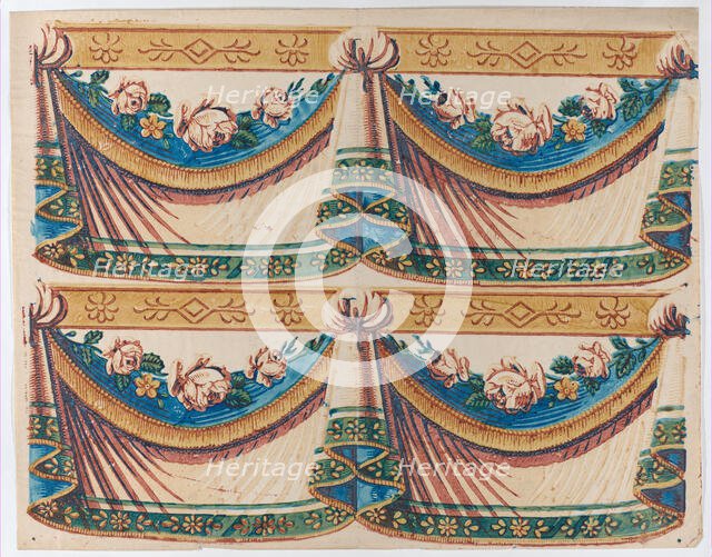 Sheet with two borders with drapery and floral designs, late 18th-mi..., late 18th-mid-19th century. Creator: Anon.