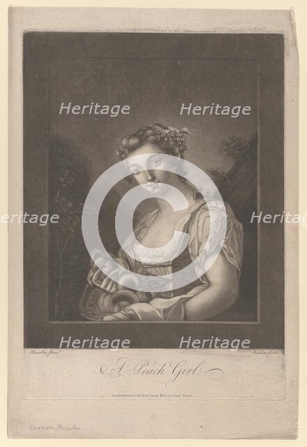 A Peach Girl: a woman carrying peaches in her apron and holding up one, 1786. Creator: James Wilson.