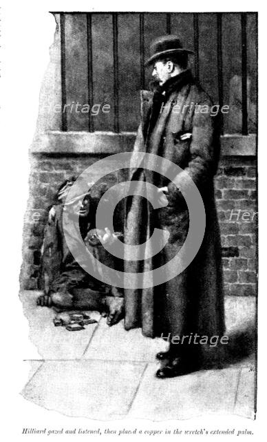 Eve's Ransom: Hilliard gazed..., then placed a copper in the wretch's extended palm, 1895. Creator: George Meisenbach.