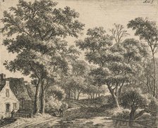Six landscapes. Plate 2. Woman on a small bridge. (H34), 1640-1690. Creator: Anthonie Waterloo.