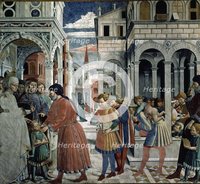 San Agustin child is taken to school'1465 fresco by Benozzo Gozzoli, St. Augustine (354-430), chu…