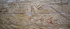 Daily life and men in a ship on the Nile, polychrome relief, Mastaba of Kagemni, Saqqara,Egypt, 2003 Creator: Unknown.