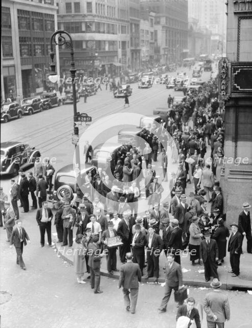 Background for Hightstown project photographs, Seventh Avenue and West 28th Street, New York, 1936. Creator: Dorothea Lange.