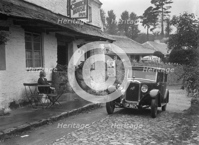 1931 Austin 16/6 on a road test, parked outside the Church House Inn, Stoke Gabriel, Devon. Artist: Bill Brunell.