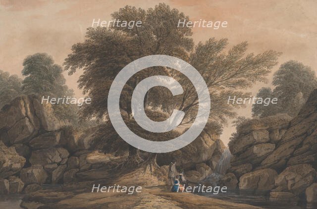 Figures Beside a Waterfall and Pool in a Wooded Landscape, 1812. Creator: John Varley I.