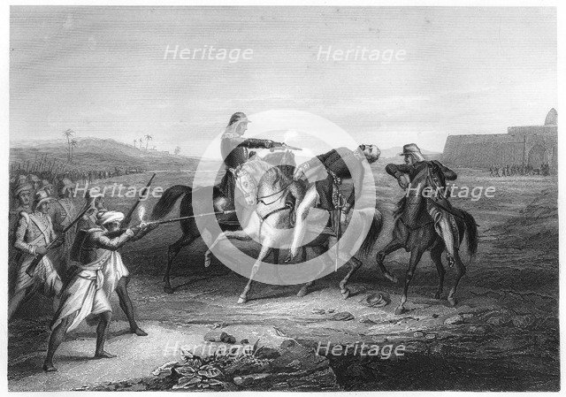 Colonel Platt killed by the mutineers at Mhow, c1860. Artist: Unknown