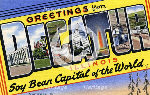 'Greetings from Decatur, Illinois, Soy Bean Capital of the World', postcard, 1941. Artist: Unknown