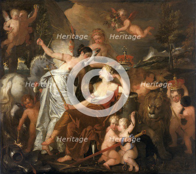 'A late Princess personifying Peace crowning the glory of England reflected on Europe', 1819. Artist: John Downman