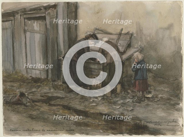 Two women and a child searching through trash bin (from the series of watercolors Russian revolution Artist: Vladimirov, Ivan Alexeyevich (1869-1947)