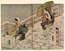 Barefoot men with parasols in the snow, 1811, (1924).  Creator: Naniwa Shunkosai.