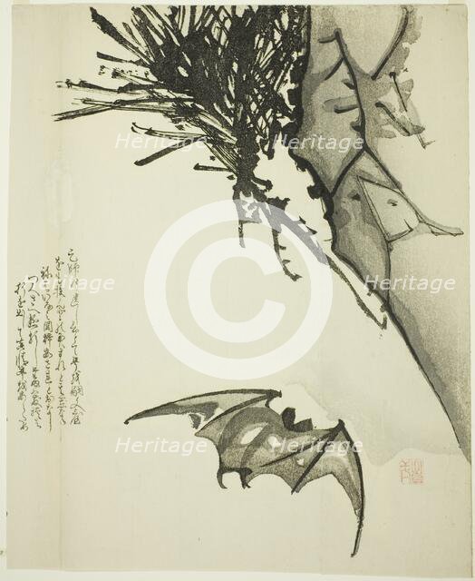 A Bat Flying near a Pine Tree, 19th century. Creator: Issho.