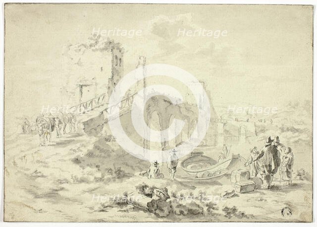 Figures Crossing Stone Bridge Above Boat Ferrying Barrels, n.d. Creator: Unknown.