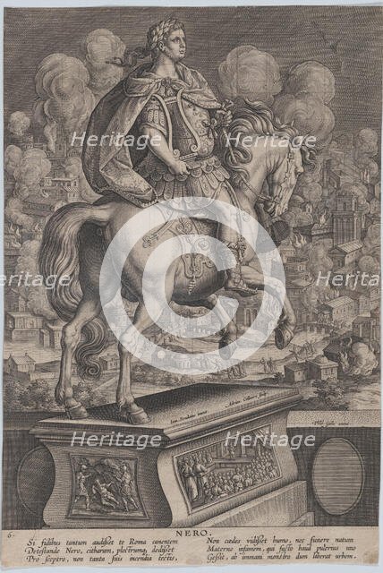 Plate 6: equestrian statue of Nero, seen from behind, the Great Fire of Rome in the..., ca. 1587-89. Creator: Adriaen Collaert.