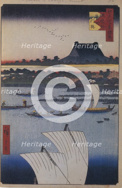 Teppozu and Tsukiji Monzeki Temple (One Hundred Famous Views of Edo), 1856-1858. Artist: Hiroshige, Utagawa (1797-1858)