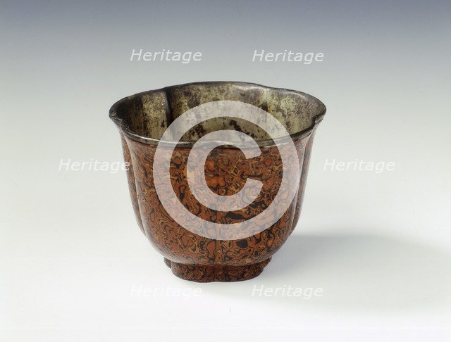 Five-lobed marbled lacquer cup, mark of Lu Yingzhi, Qing dynasty, China, 18th century. Artist: Unknown