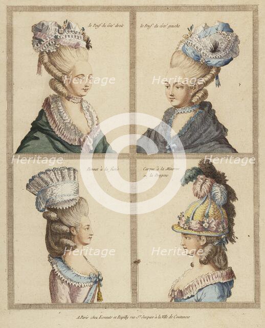 France, Rapilly, 18th Century Print showing Headdresses Engraving, hand-tinted gouach, 18th century. Creator: Unknown.
