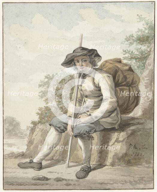 Seated man with a knapsack and a stick, 1784. Creator: Jacob van Strij.
