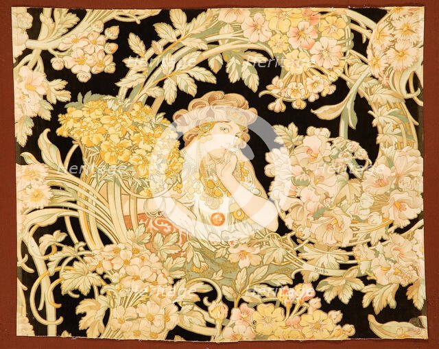 Woman among flowers (printed fabric), 1898-1899. Creator: Mucha, Alfons Marie (1860-1939).