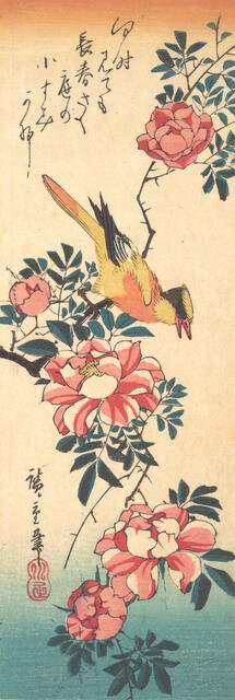 Eastern Grey Wagtail and Rose, early 1830s., early 1830s. Creator: Ando Hiroshige.